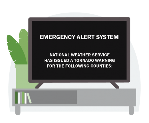 A tv shows the message: Emergency Alert System  National Weather Service has issued a tornado warning for the following counties: