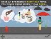 Illustration of a girl saving money in a piggy bank, then later using that money to buy an umbrella, then using that umbrella under the rain. Have an emergency rainy day fund. You never know when it may pour...