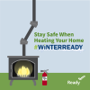 Stay Safe When Heating Your Home #WinterReady Graphic shows a fireplace with fire extinguisher.