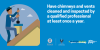 Illustration of a chimney sweep on a roof using a brush to clean a chimney. Text: Have chimneys and vents cleaned and inspected by a qualified professional at least once a year.